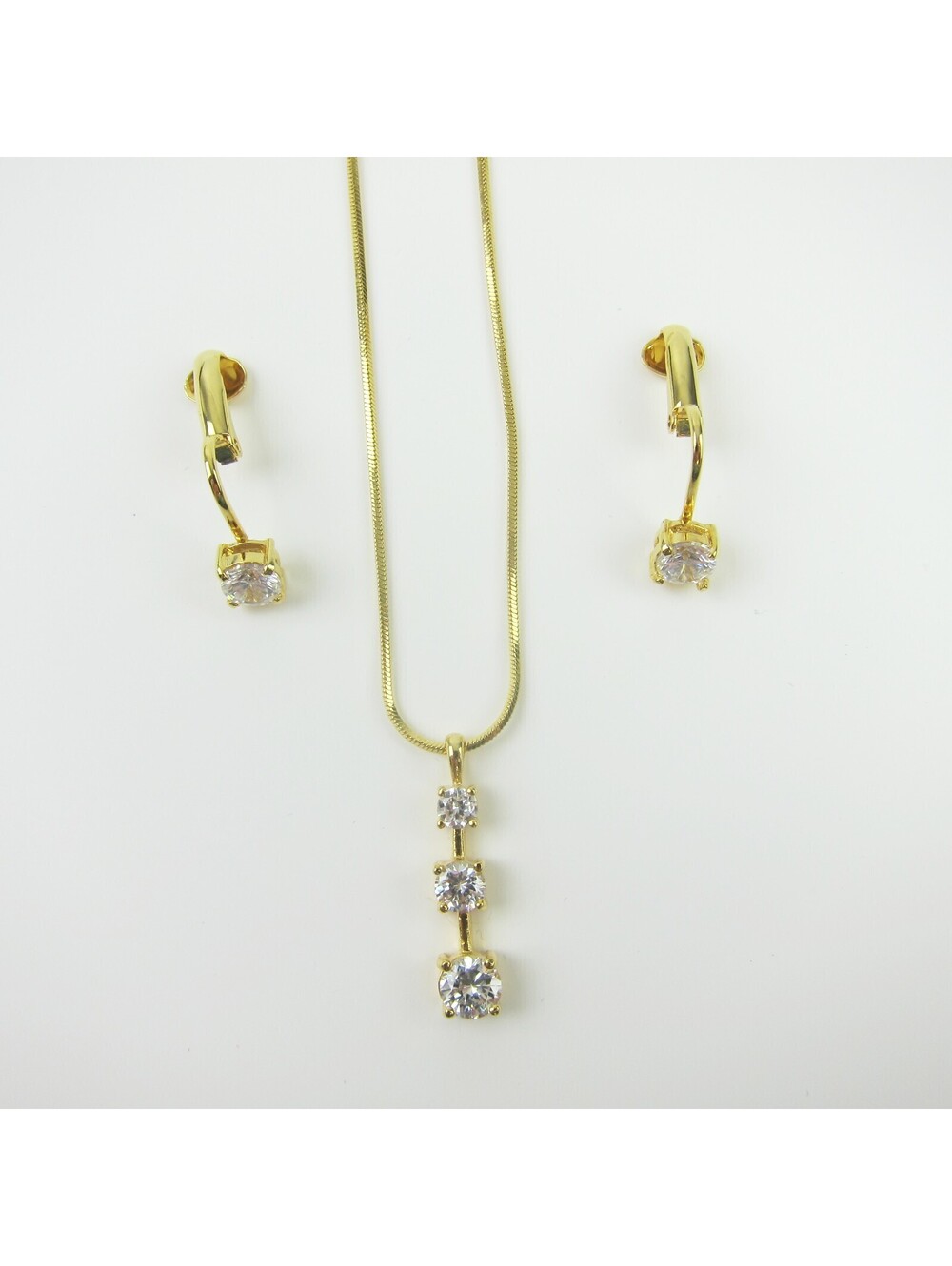 Vintage Gold tone Cubic Zirconia Drop 3 Pendant Necklace & Clip On Earring Set